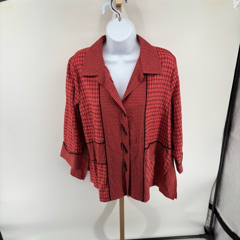 Ali Miles Textured Pattern 3/4 Sleeve Button Front Top Size Petite Large NWT
